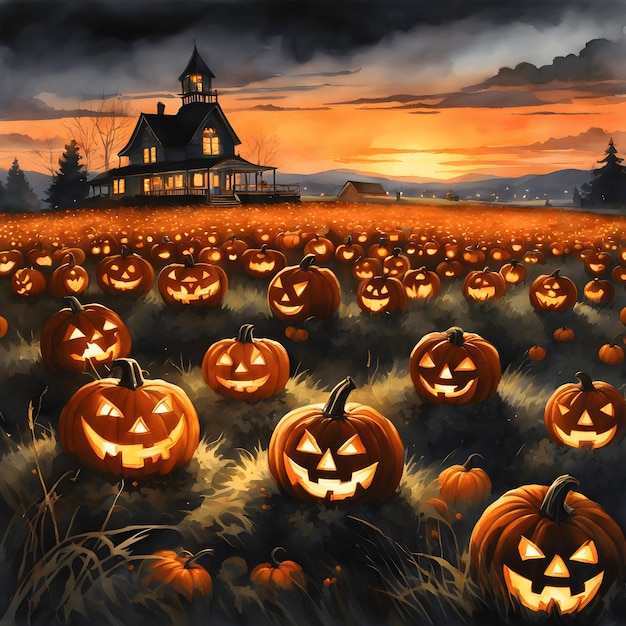 A field filled with glowing jacko'lanterns some smiling and others sinister