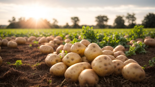 Поле, наполненное спелым картофелем, готовым к сбору урожая