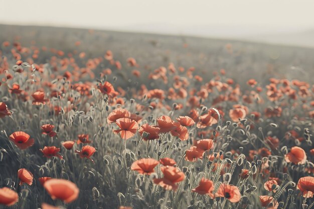 A field filled with vibrant red flowers stretches under a clear blue sky in this scenic view