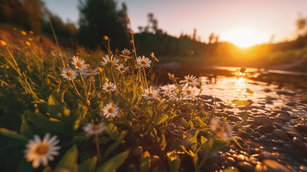 A field of flowers by a lake with the sun setting behind itgenerative ai