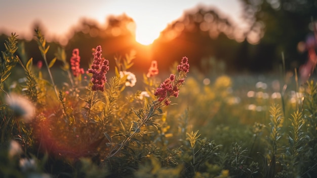 A field of flowers by a lake with the sun setting behind itgenerative ai