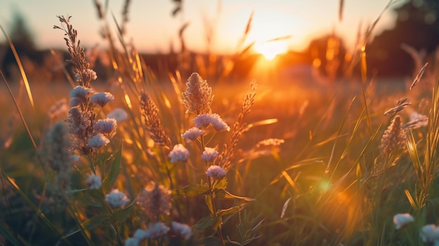 A field of flowers by a lake with the sun setting behind itgenerative ai