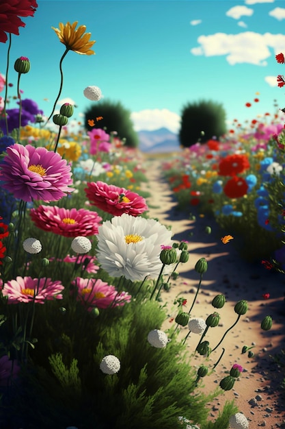 Field of flowers next to a dirt road generative ai