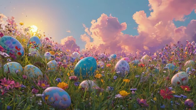 Field of Flowers and Eggs Under Cloudy Sky