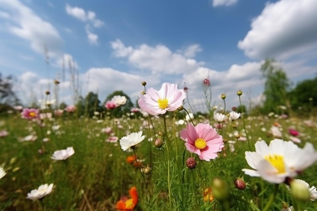A field of flowers in a field with a blue sky in the background.