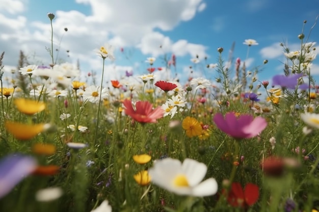 A field of flowers in a field with a blue sky and clouds in the background.