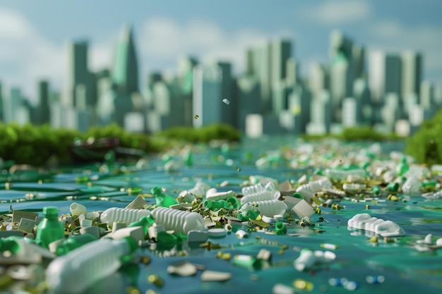 A field of flowers filled with plastic waste with a river running through it