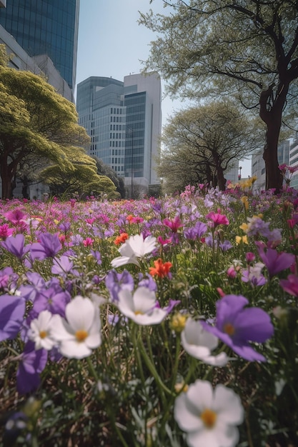 A field of flowers in front of a building