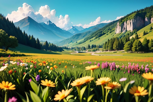 A field of flowers in front of a mountain