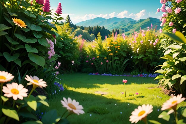 A field of flowers in front of a mountain