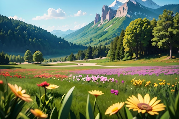 A field of flowers in front of a mountain