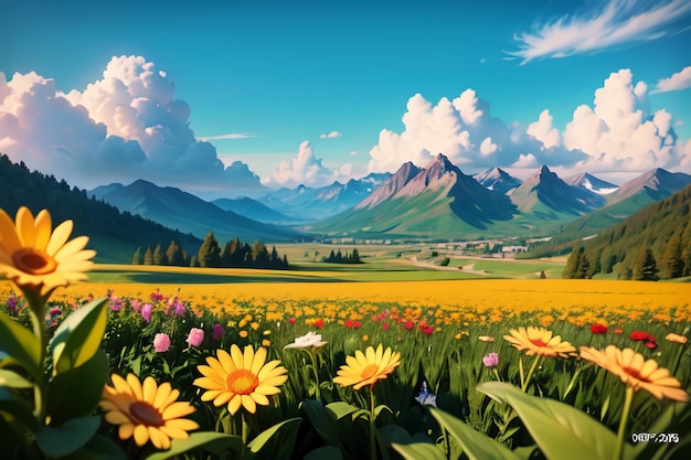 A field of flowers in front of a mountain