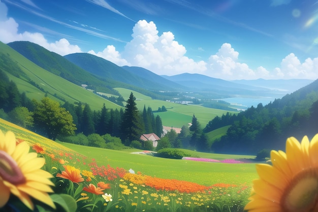 A field of flowers in front of a mountain