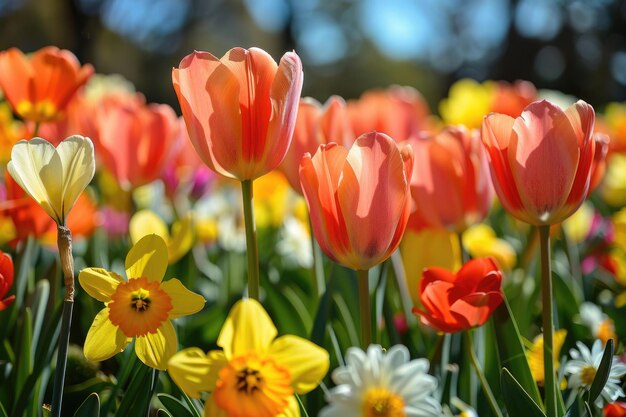 A field of flowers in full bloom with a variety of colors and textures