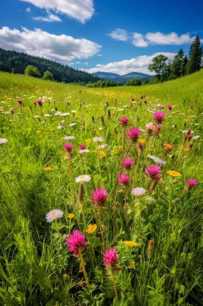 A field of flowers in the mountains with a blue sky in the background