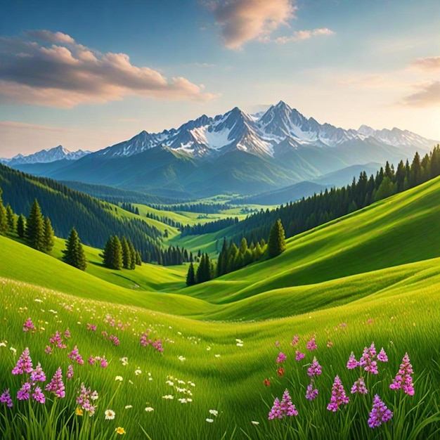 a field of flowers and mountains with a mountain in the background