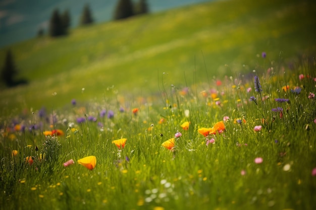 A field of flowers in the mountains