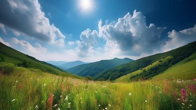 A field of flowers in the mountains