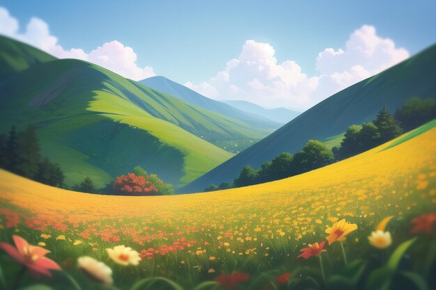 A field of flowers in the mountains