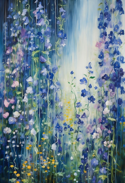 field flowers rain coming down blue delphinium dreamy light thick layers rhythms garden eden wall