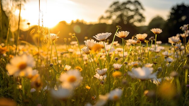 Field of Flowers at Sunset Generative Ai