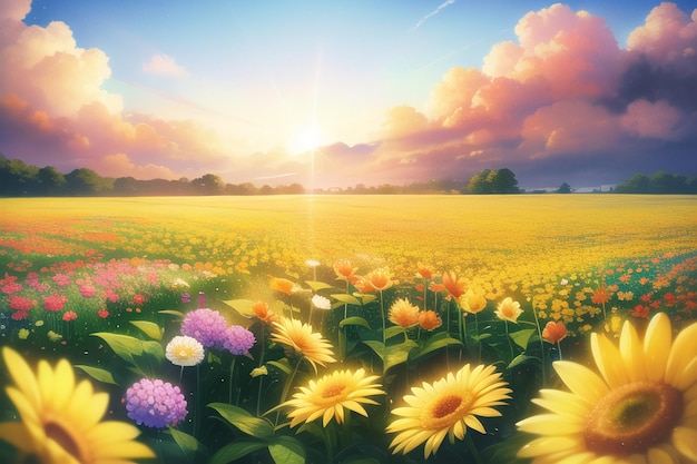 A field of flowers in the sunset