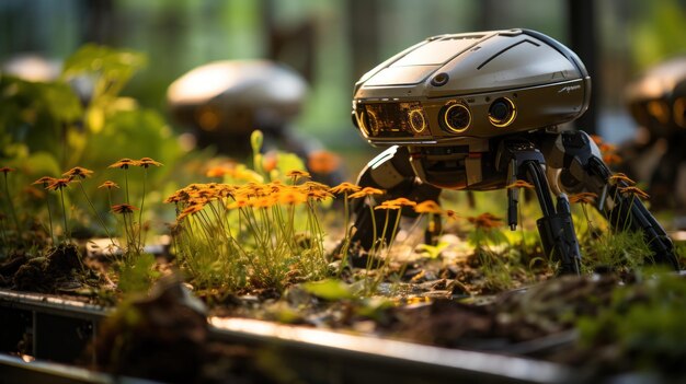 A field of flowers tended to by a team of robotic gardeners Created with Generative AI