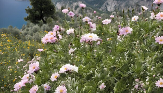 a field of flowers that are in the grass