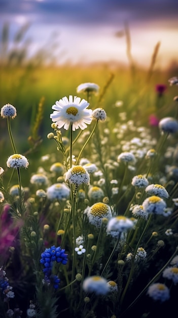 A field of flowers that are in the sun