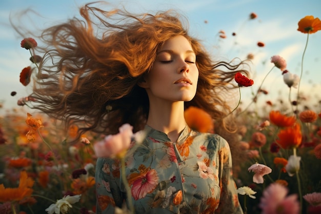 Field of flowers where a woman flips her hair and expresses her natural beauty