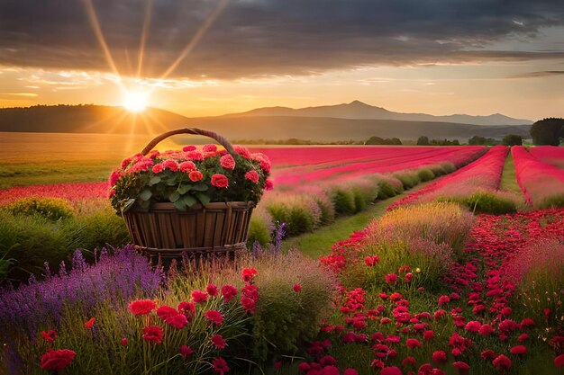 a field of flowers with a basket of flowers in the foreground