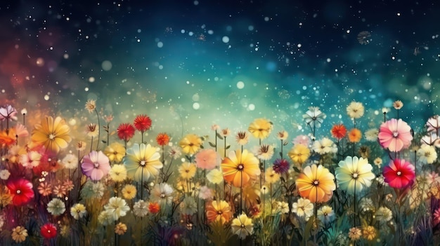 A field of flowers with a blue background