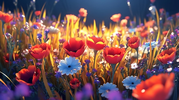 A field of flowers with a blue background