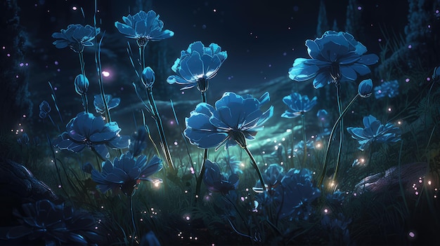 A field of flowers with a blue background