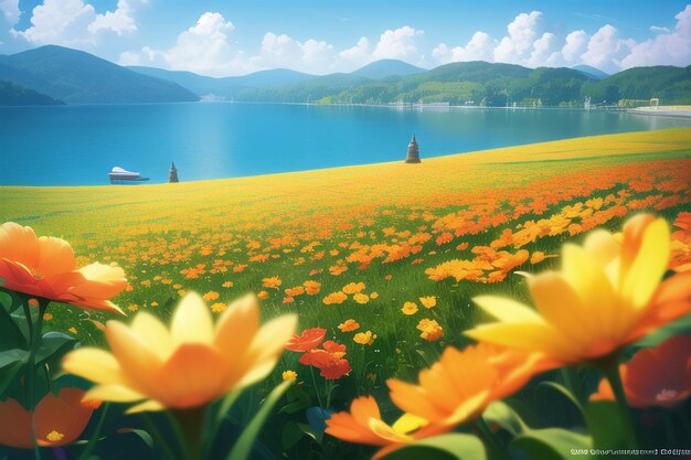 A field of flowers with a blue lake in the background