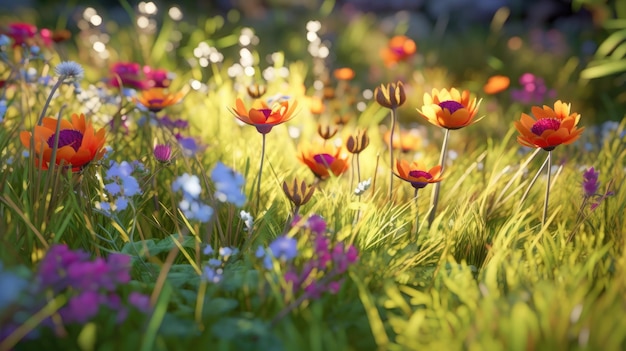 A field of flowers with a blue and purple background