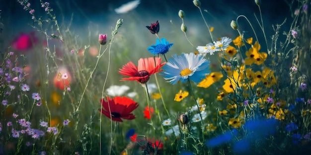 A field of flowers with a blue and red flower in the foreground