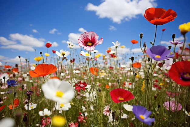 a field of flowers with a blue sky in the background