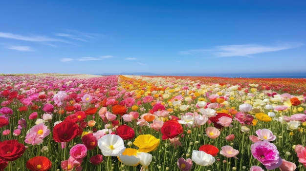 a field of flowers with a blue sky background