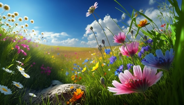 A field of flowers with a blue sky in the background