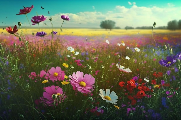 A field of flowers with a blue sky in the background