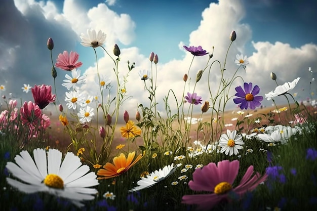 A field of flowers with a blue sky in the background