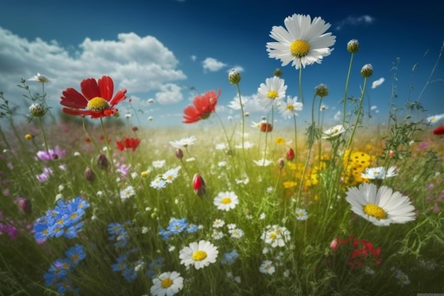 A field of flowers with a blue sky in the background