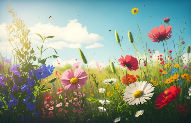 Photo a field of flowers with a blue sky in the background