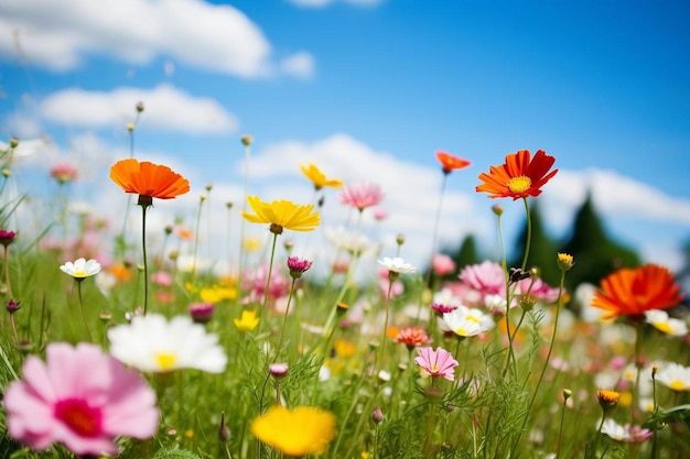 青空を背景にした花畑