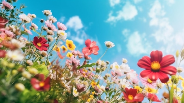 A field of flowers with a blue sky in the background