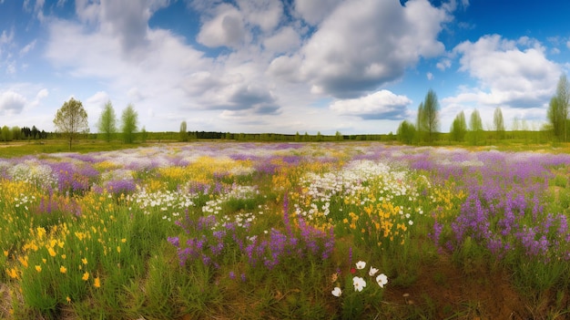 A field of flowers with a blue sky in the background