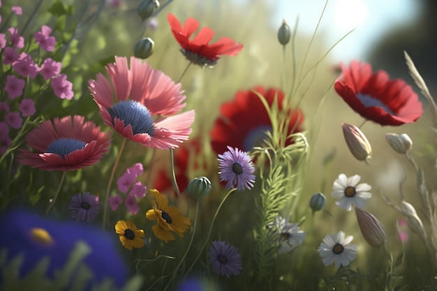 A field of flowers with a blue sky in the background