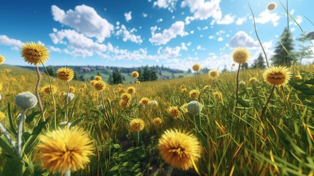 A field of flowers with a blue sky in the background