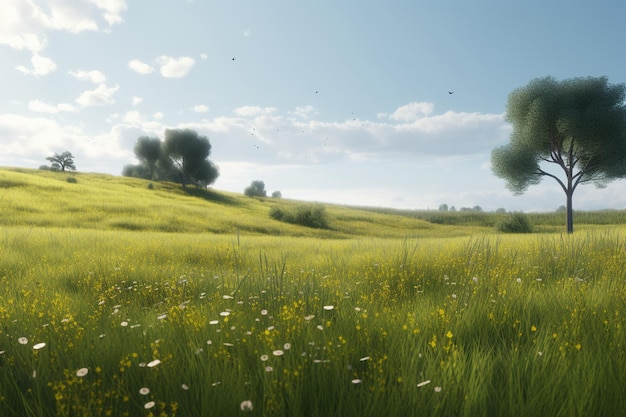 A field of flowers with a blue sky in the background